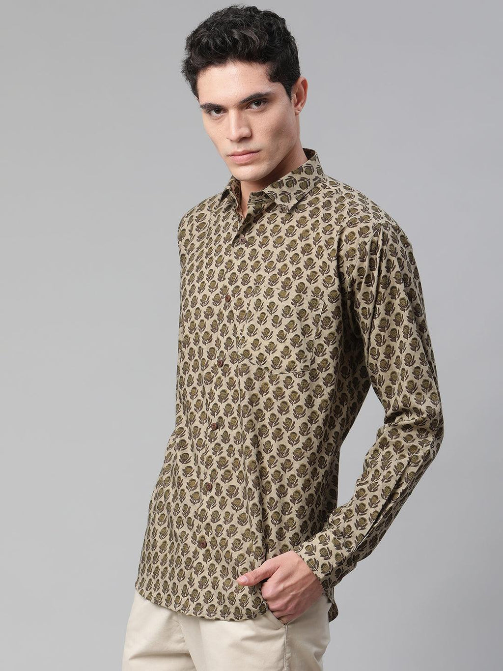 Millennial Men Grey & Green Cotton  Full Sleeve  Shirt for Men-MMF0285 - divenaworld.com