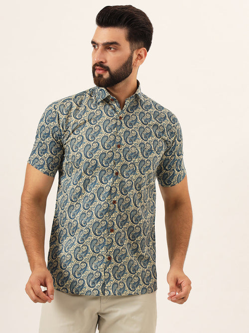 MILLENNIAL MEN Blue Paisley Print Pure Cotton Regular Fit Casual Shirt