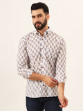 MILLENNIAL MEN White Purple Ethnic Motif Print Pure Cotton Full Sleeve Men Shirt