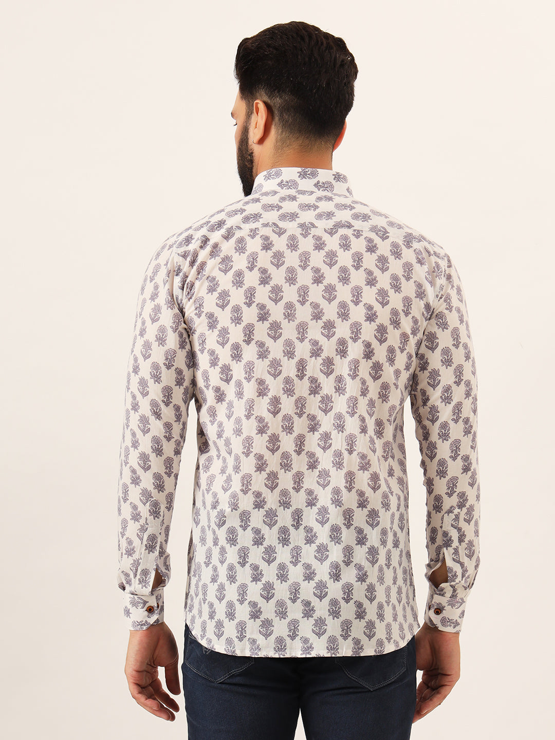 MILLENNIAL MEN White Purple Ethnic Motif Print Pure Cotton Full Sleeve Men Shirt