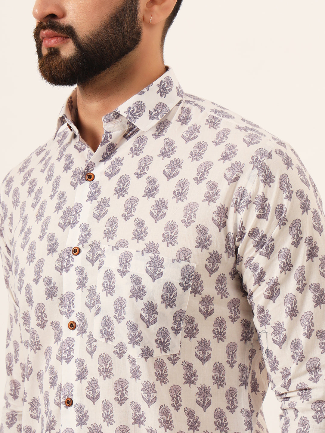 MILLENNIAL MEN White Purple Ethnic Motif Print Pure Cotton Full Sleeve Men Shirt