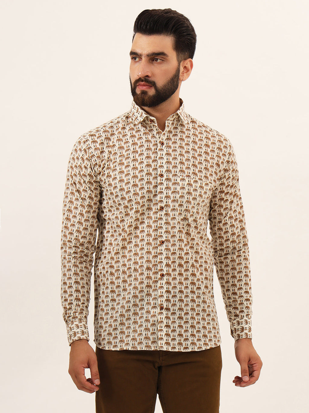 MILLENNIAL MEN Cream Quirky Print Pure Cotton Regular Fit Casual Shirt