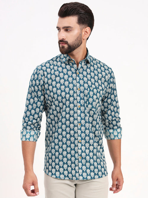 MILLENNIAL MEN Teal Blue Floral Printed Full Sleeves Shirt