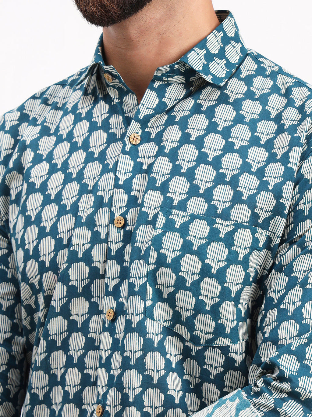 MILLENNIAL MEN Teal Blue Floral Printed Full Sleeves Shirt