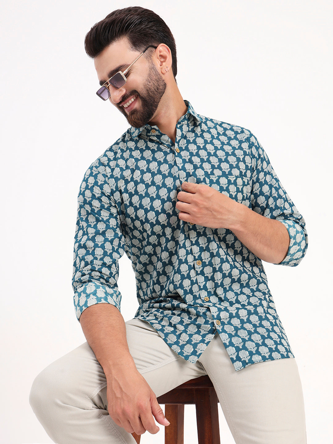 MILLENNIAL MEN Teal Blue Floral Printed Full Sleeves Shirt