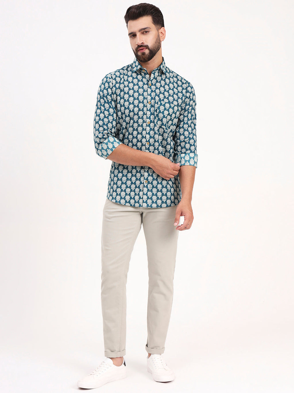 MILLENNIAL MEN Teal Blue Floral Printed Full Sleeves Shirt