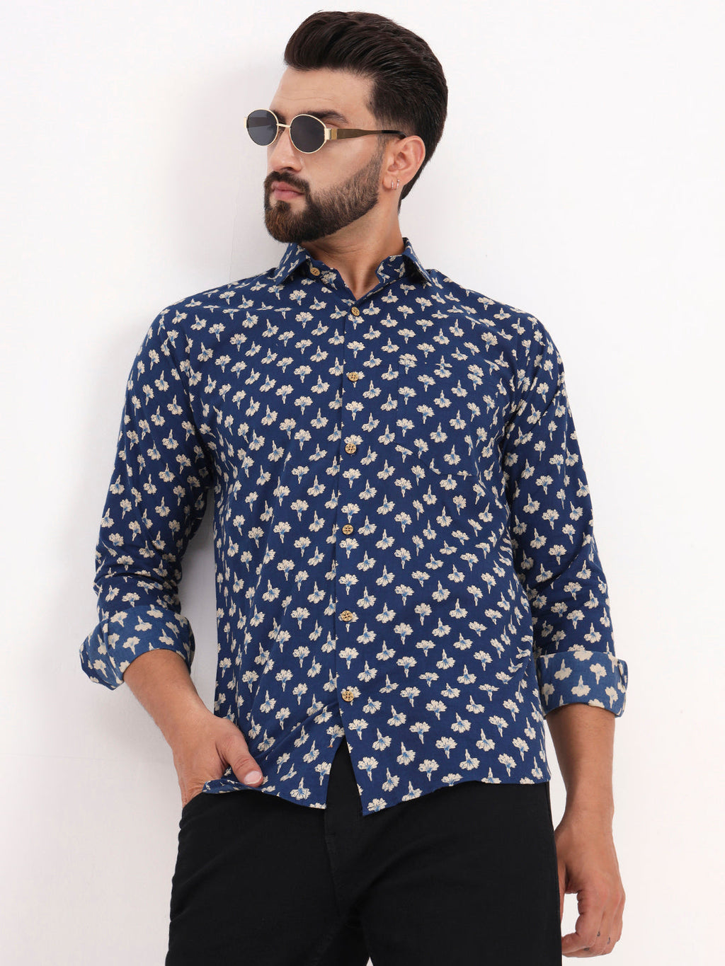 MILLENNIAL MEN Blue Floral Printed Full Sleeves Shirt