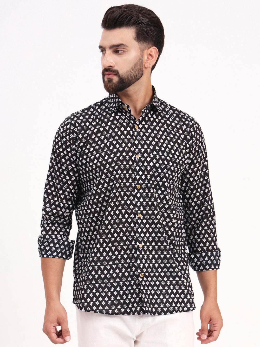 MILLENNIAL MEN Black Floral Printed Full Sleeves Shirt