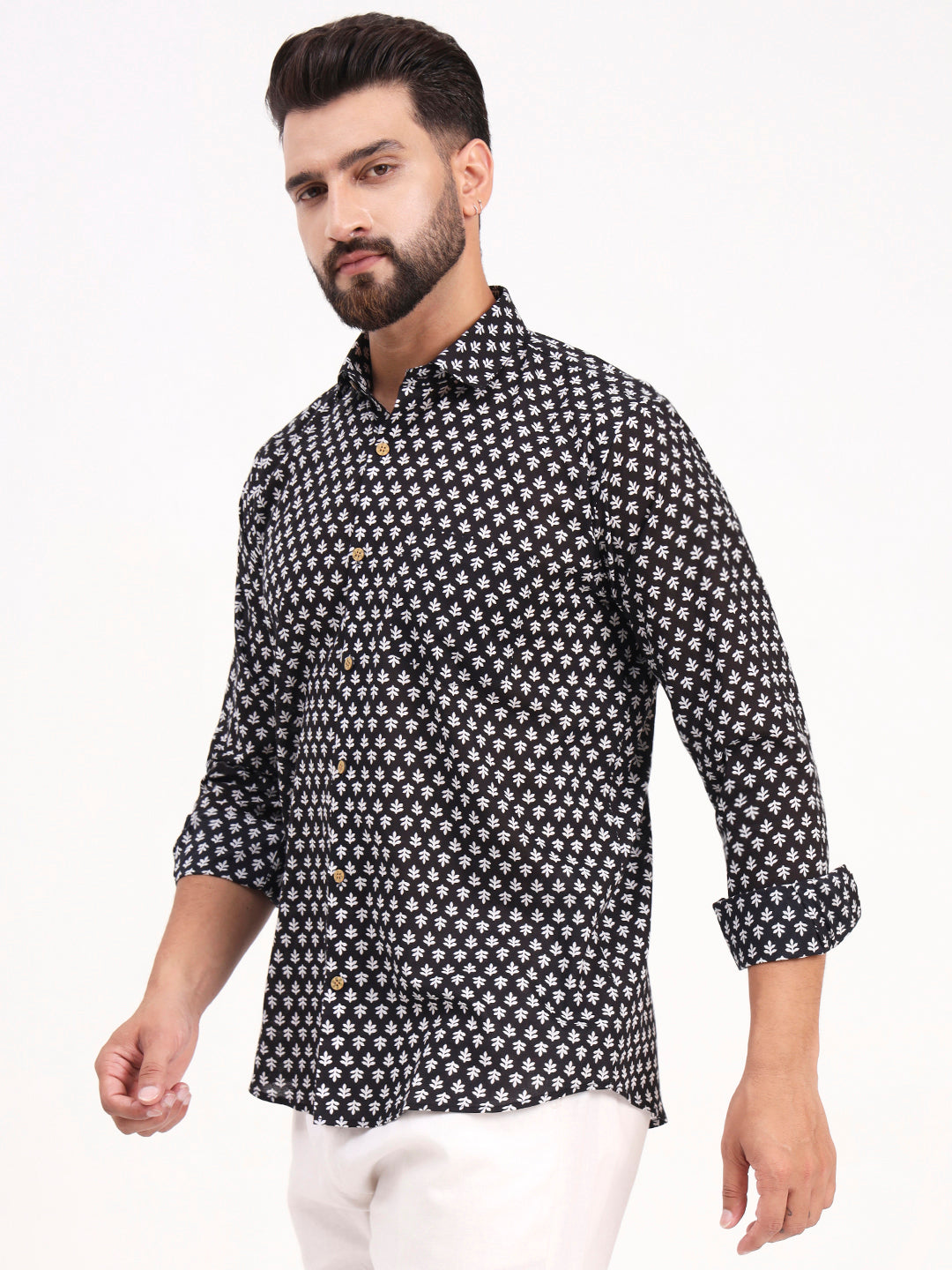 MILLENNIAL MEN Black Floral Printed Full Sleeves Shirt