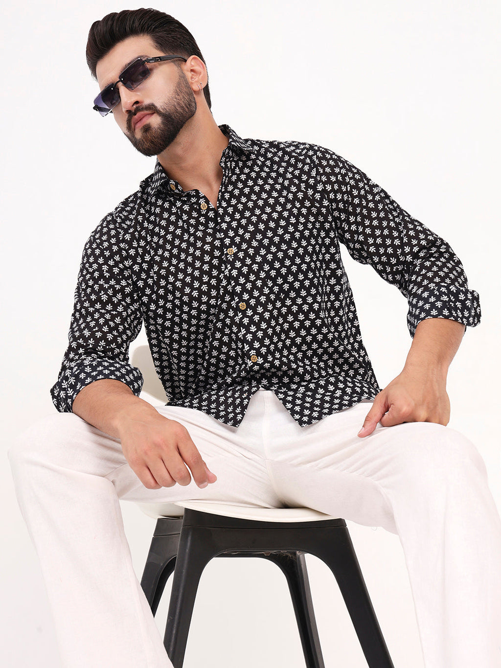 MILLENNIAL MEN Black Floral Printed Full Sleeves Shirt
