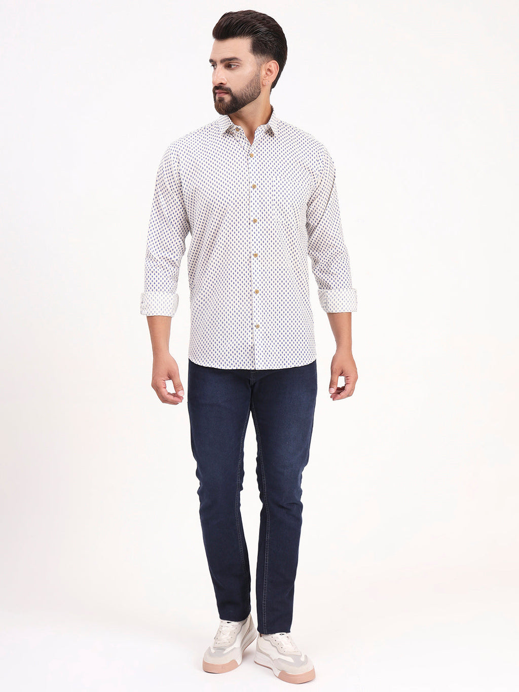 MILLENNIAL MEN White Floral Printed Full Sleeves Shirt
