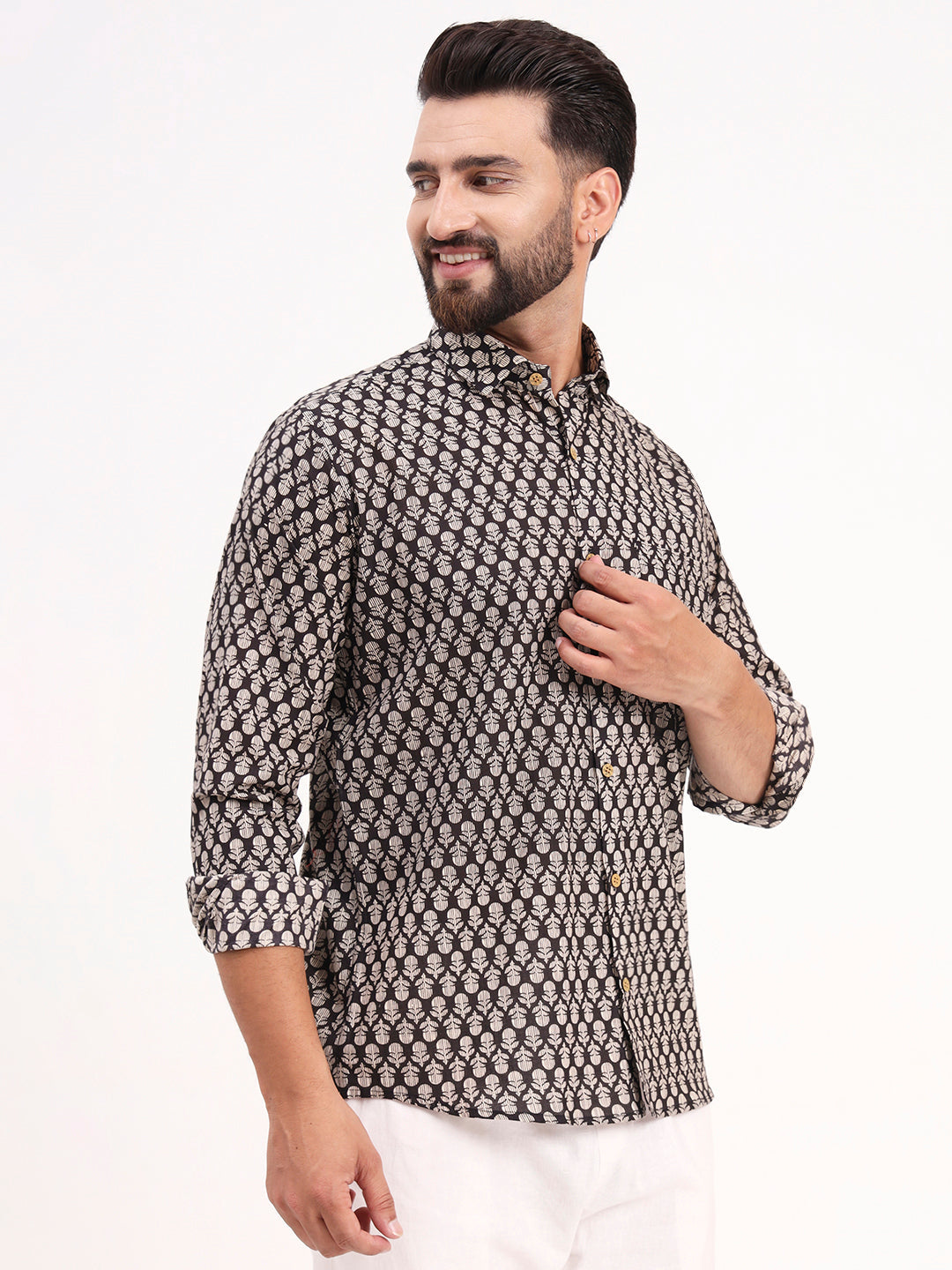 MILLENNIAL MEN Black Floral Printed Full Sleeves Shirt