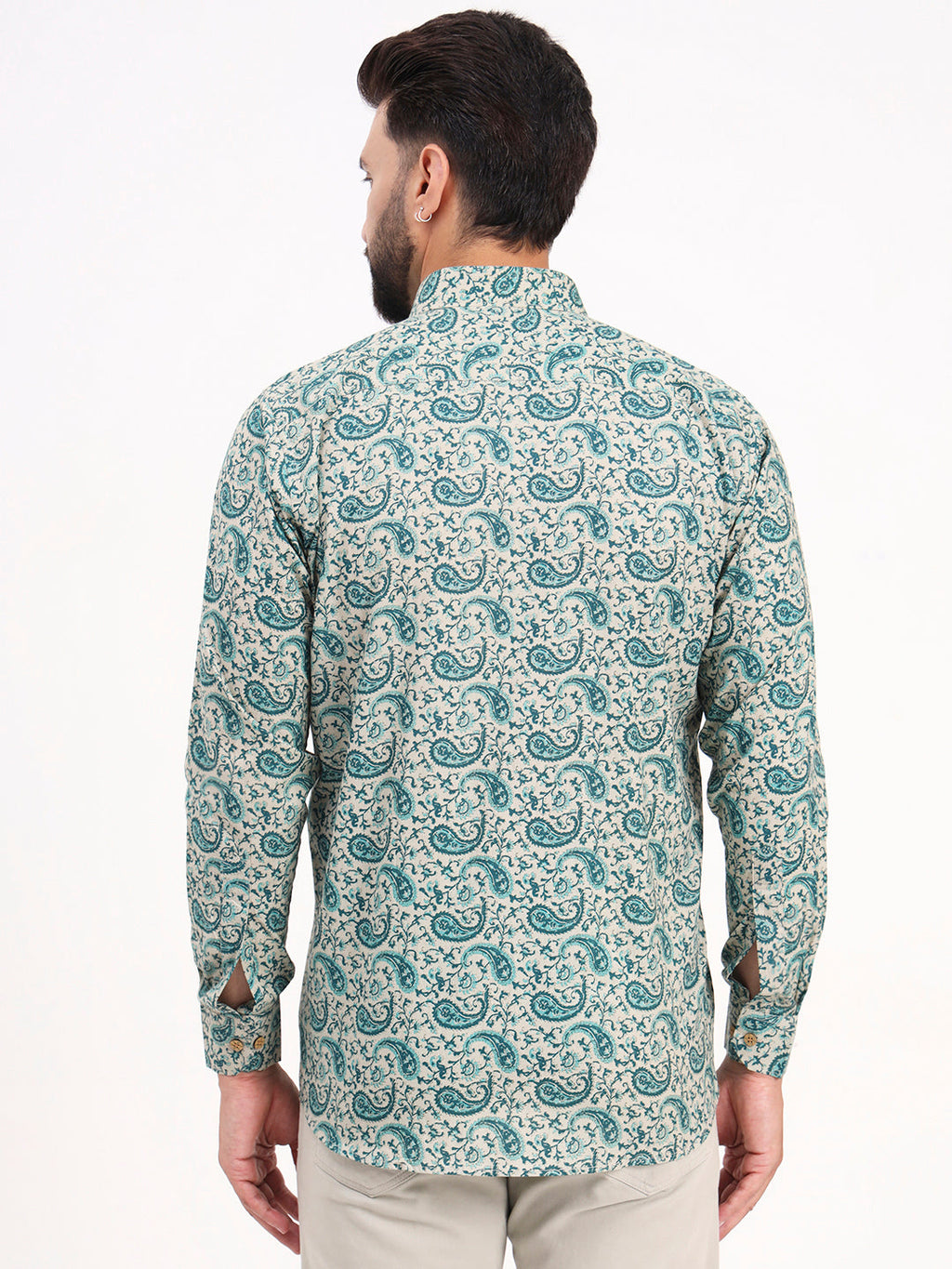 MILLENNIAL MEN Cream & Bottle Green Floral Printed Full Sleeves Shirt
