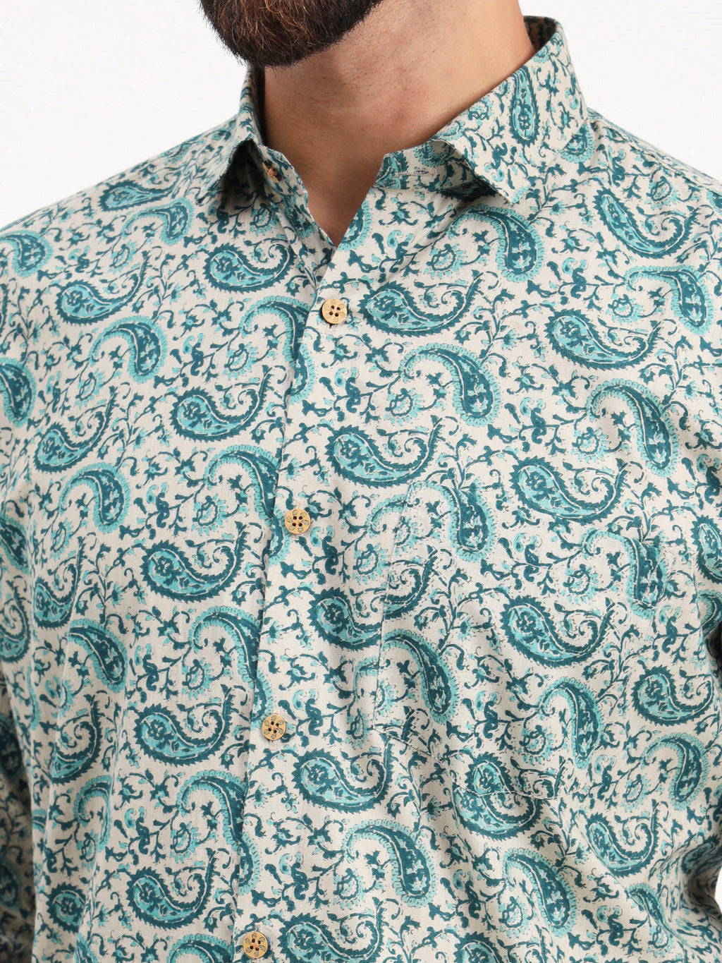 MILLENNIAL MEN Cream & Bottle Green Floral Printed Full Sleeves Shirt