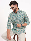 MILLENNIAL MEN Cream & Bottle Green Floral Printed Full Sleeves Shirt