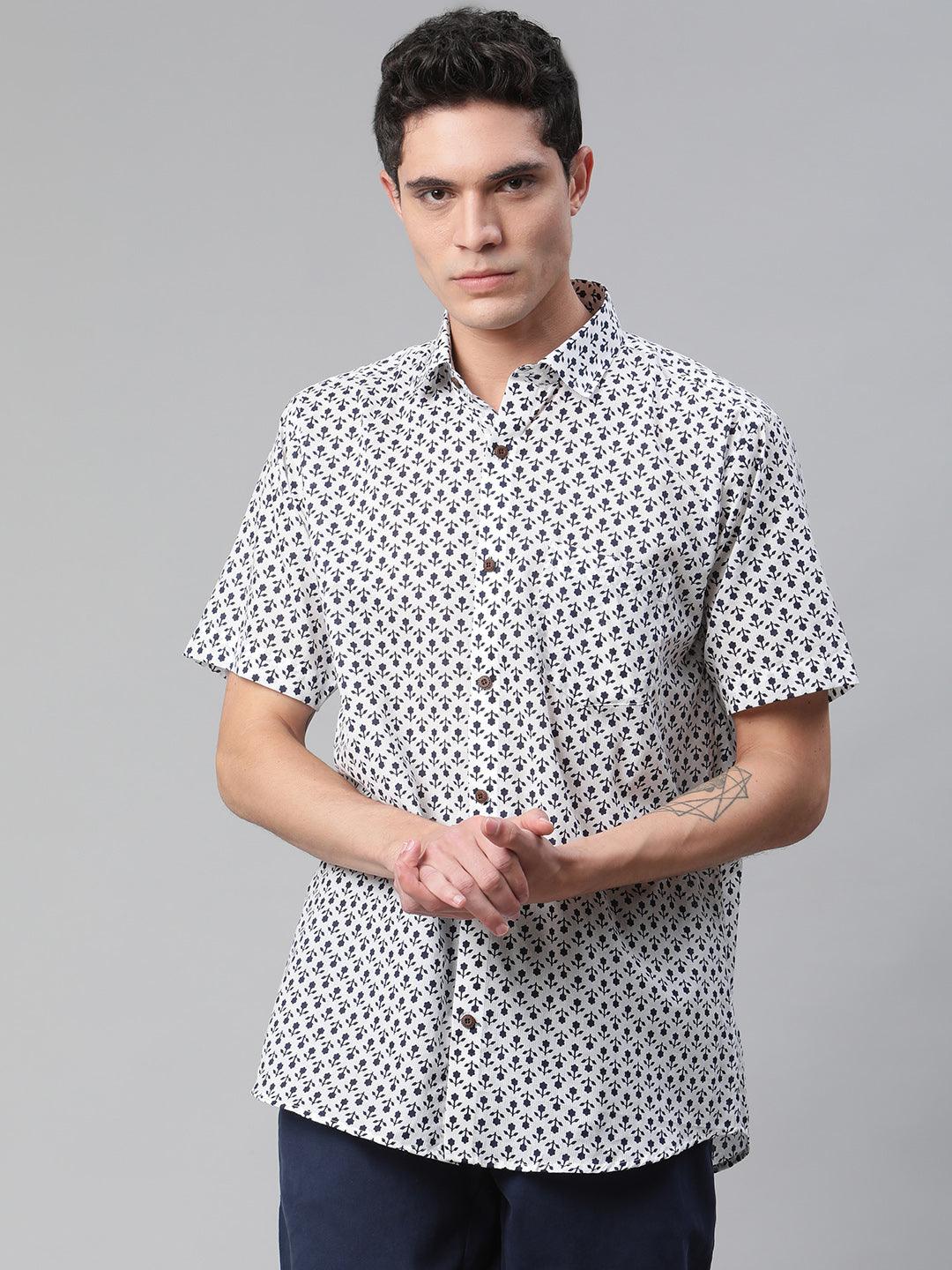 Millennial Men White & Navy Blue  Cotton  Half Sleeve Shirt for Men-MMH0169 - divenaworld.com