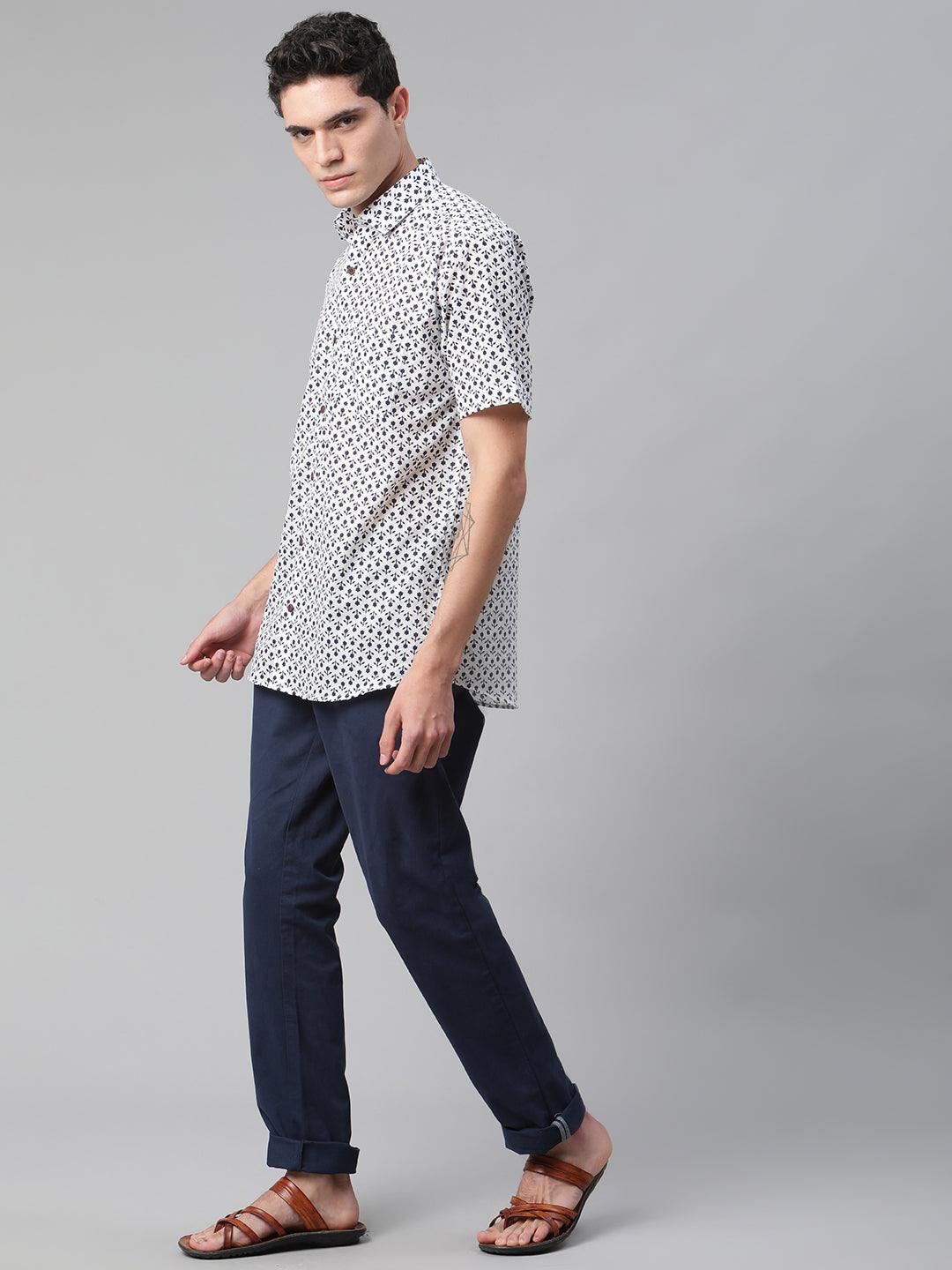 Millennial Men White & Navy Blue  Cotton  Half Sleeve Shirt for Men-MMH0169 - divenaworld.com