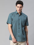 Millennial Men Teal Blue & Beige Cotton  Half Sleeve Shirt for Men-MMH0170 - divenaworld.com