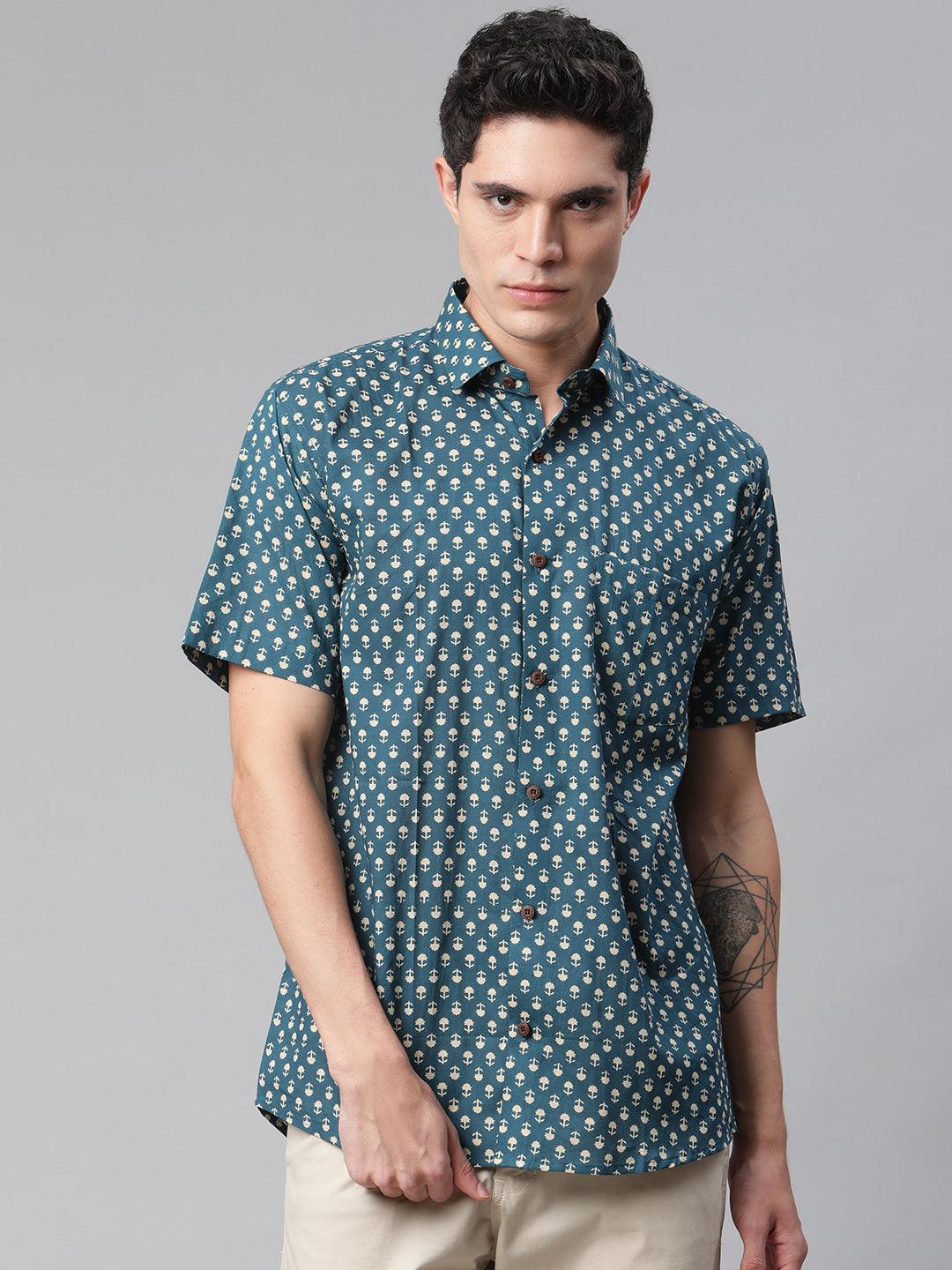 Millennial Men Teal Blue & Beige Cotton  Half Sleeve Shirt for Men-MMH0170 - divenaworld.com