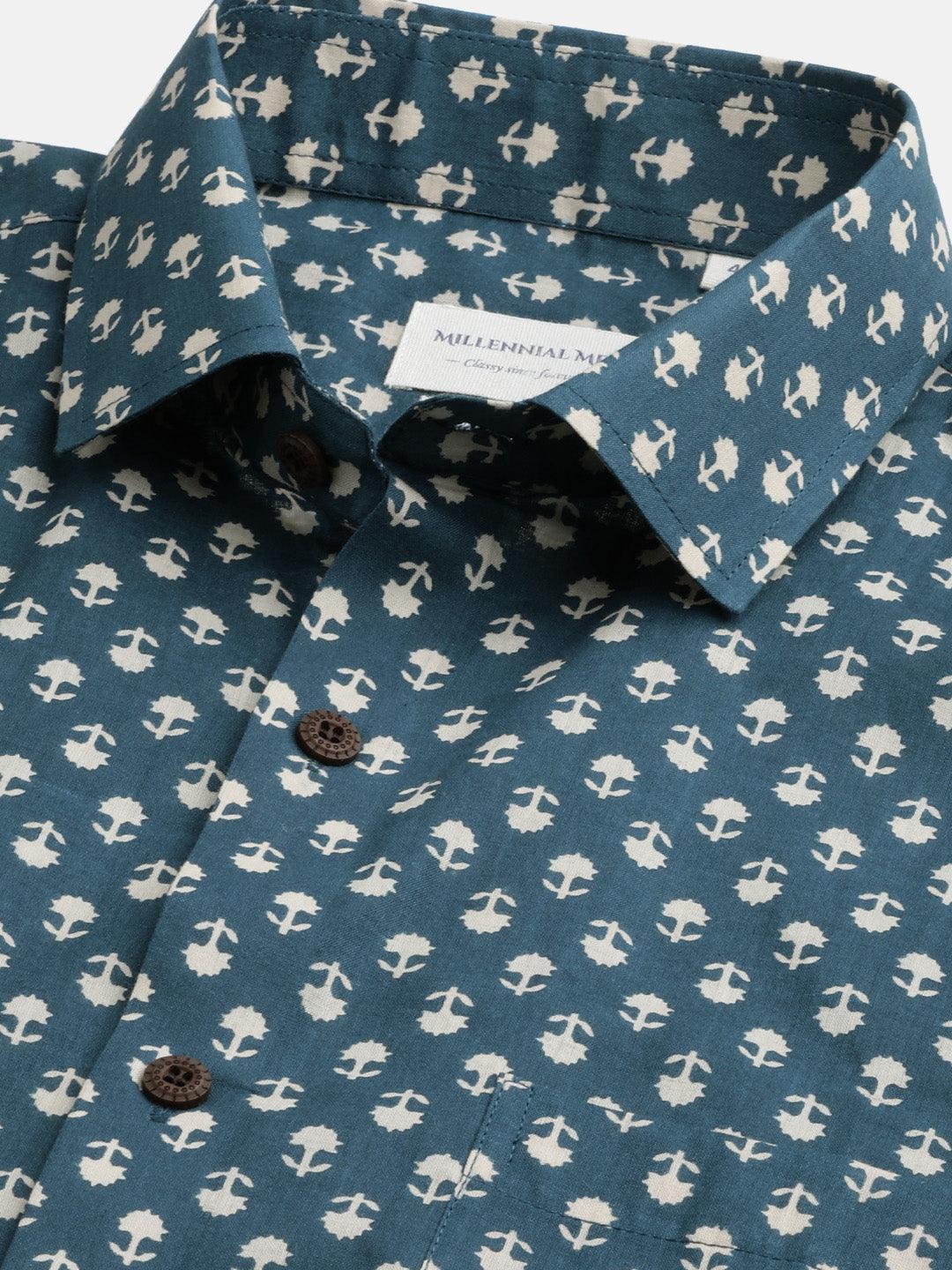 Millennial Men Teal Blue & Beige Cotton  Half Sleeve Shirt for Men-MMH0170 - divenaworld.com