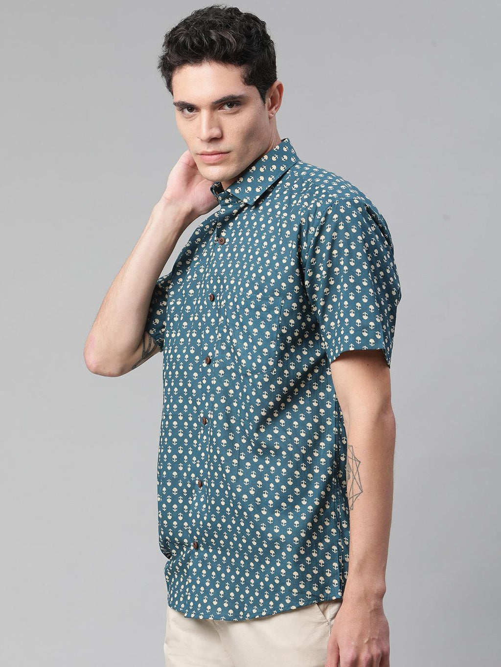 Millennial Men Teal Blue & Beige Cotton  Half Sleeve Shirt for Men-MMH0170 - divenaworld.com