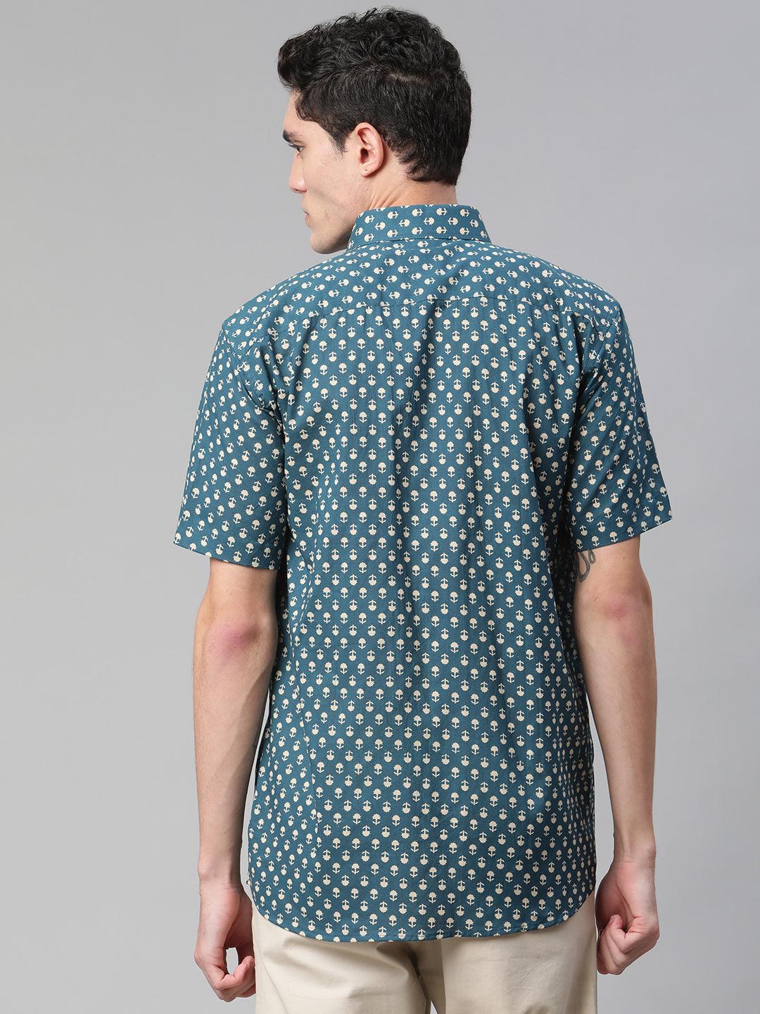 Millennial Men Teal Blue & Beige Cotton  Half Sleeve Shirt for Men-MMH0170 - divenaworld.com