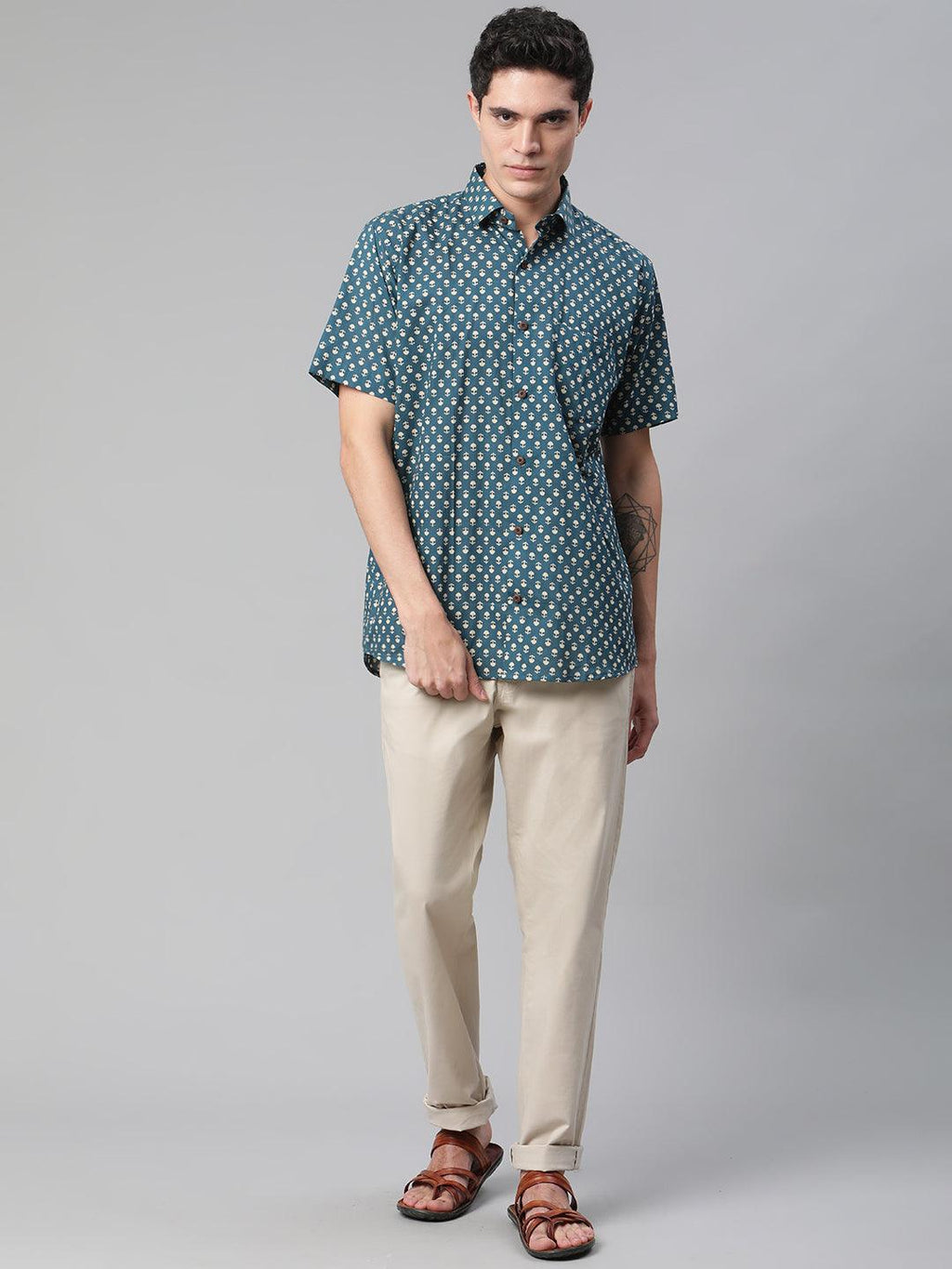 Millennial Men Teal Blue & Beige Cotton  Half Sleeve Shirt for Men-MMH0170 - divenaworld.com
