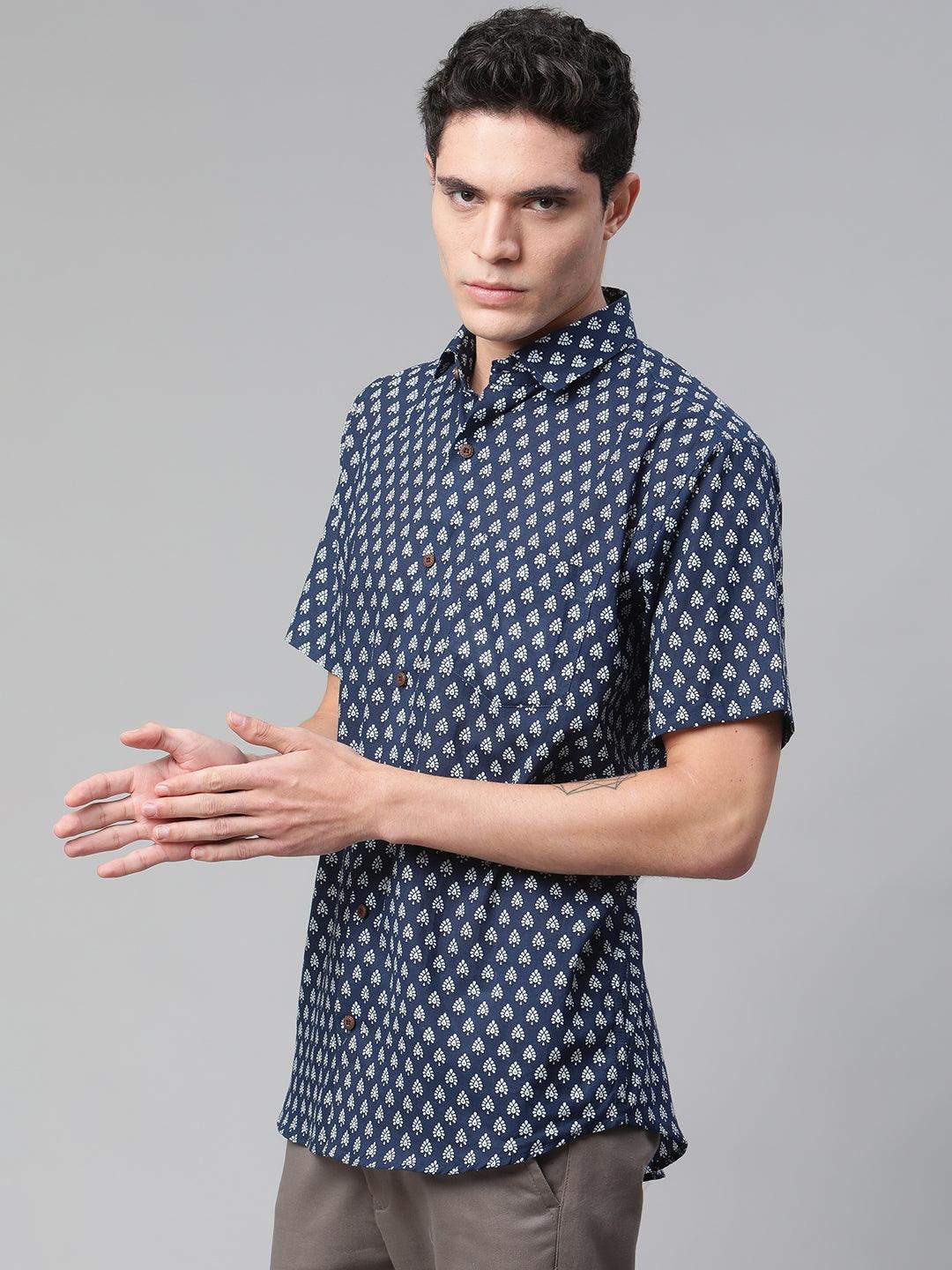 Millennial Men Indigo Blue & White  Cotton  Half Sleeve Shirt for Men-MMH0181 - divenaworld.com