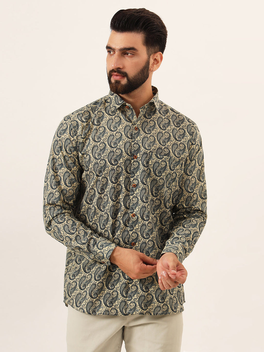 MILLENNIAL MEN Beige Paisley Print Pure Cotton Regular Fit Casual Shirt