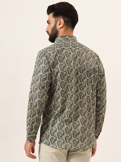 MILLENNIAL MEN Beige Paisley Print Pure Cotton Regular Fit Casual Full Sleeve