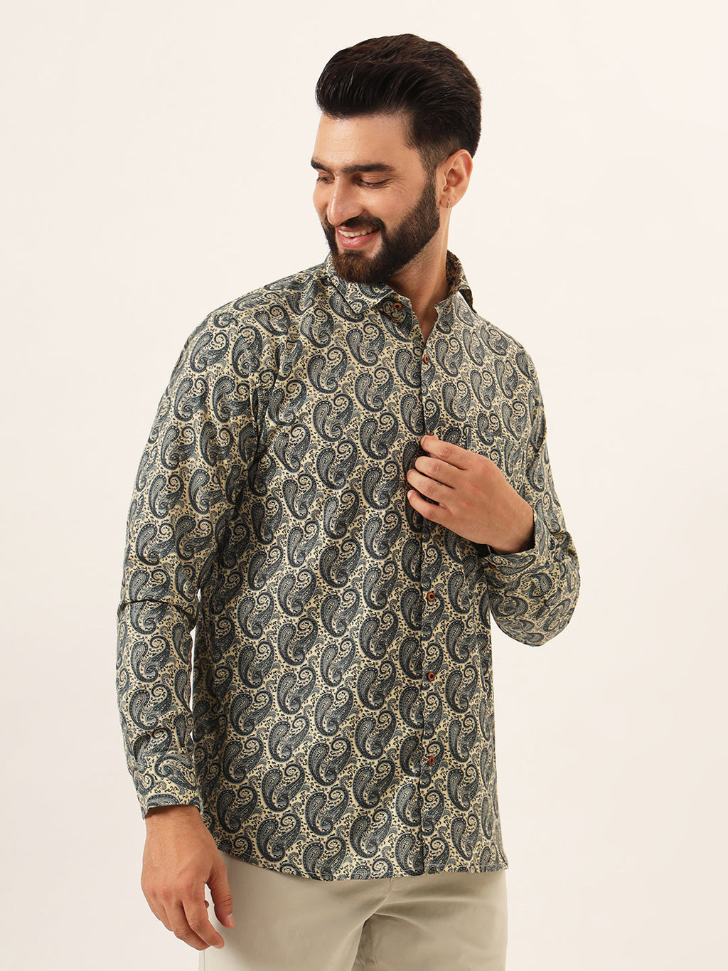 MILLENNIAL MEN Beige Paisley Print Pure Cotton Regular Fit Casual Shirt