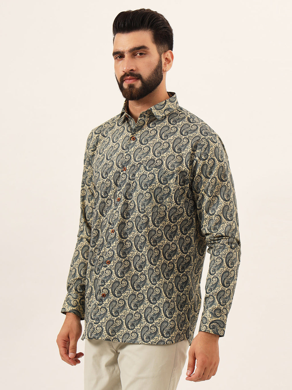 MILLENNIAL MEN Beige Paisley Print Pure Cotton Regular Fit Casual Full Sleeve