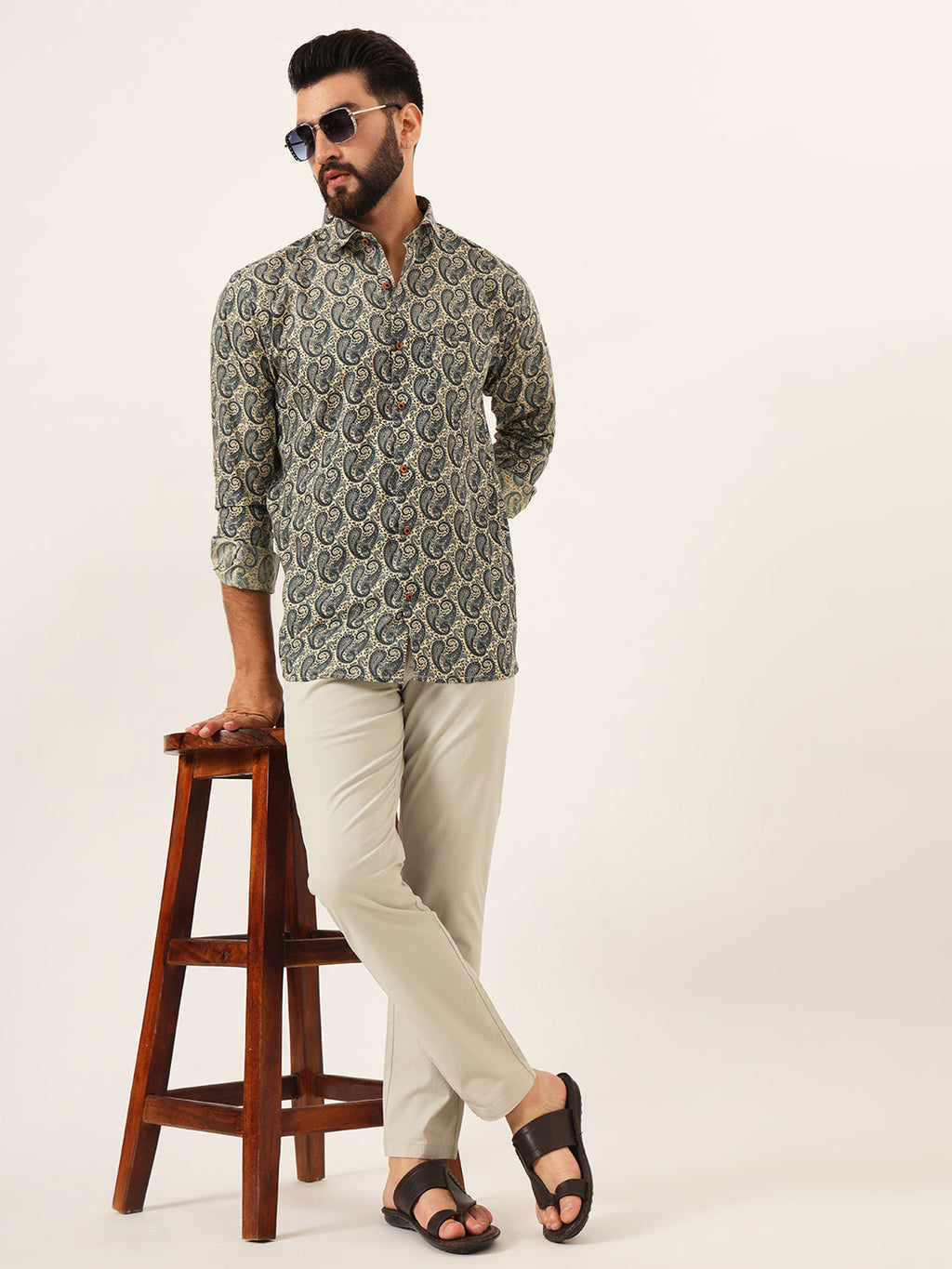 MILLENNIAL MEN Beige Paisley Print Pure Cotton Regular Fit Casual Full Sleeve