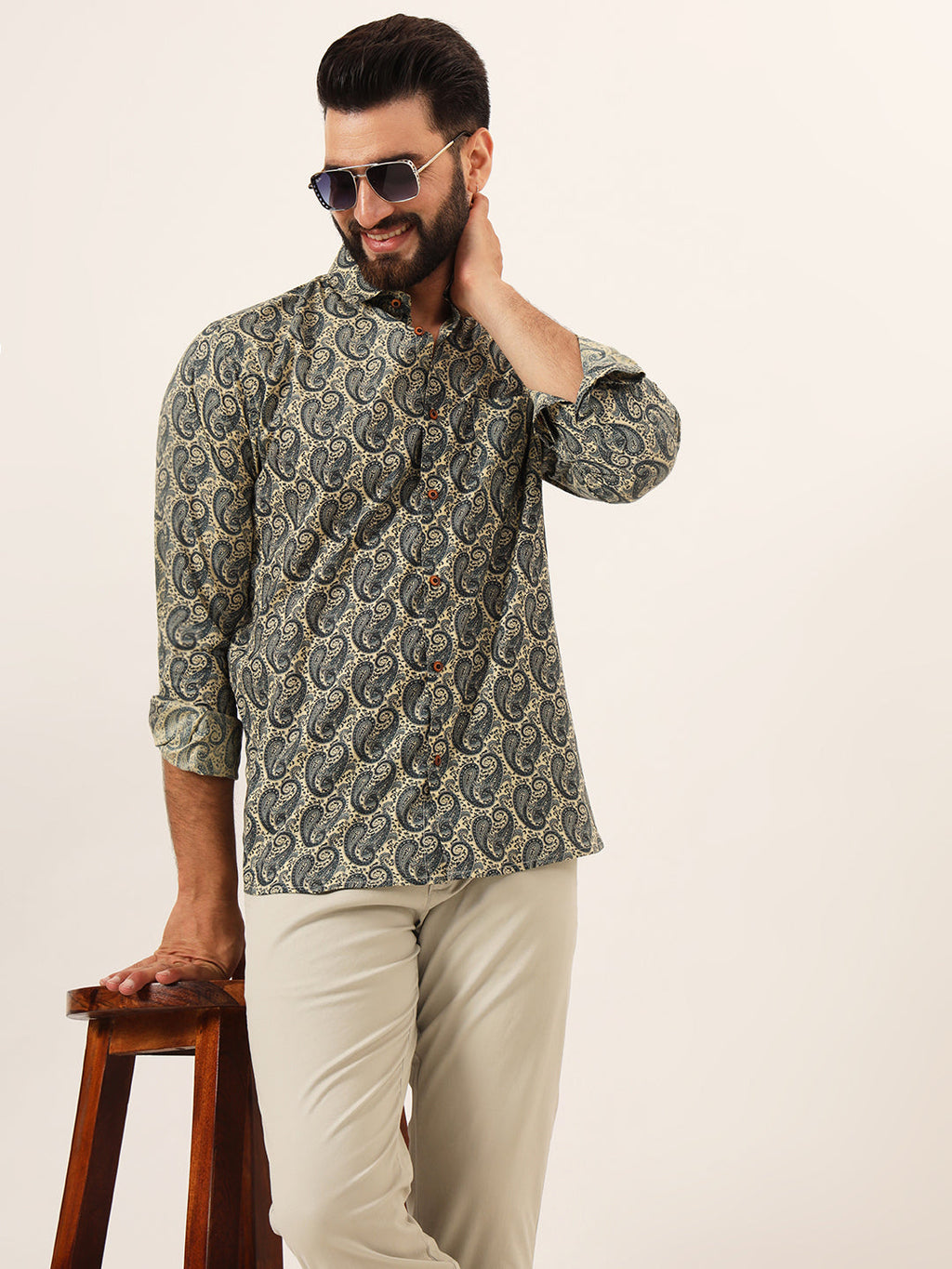 MILLENNIAL MEN Beige Paisley Print Pure Cotton Regular Fit Casual Full Sleeve