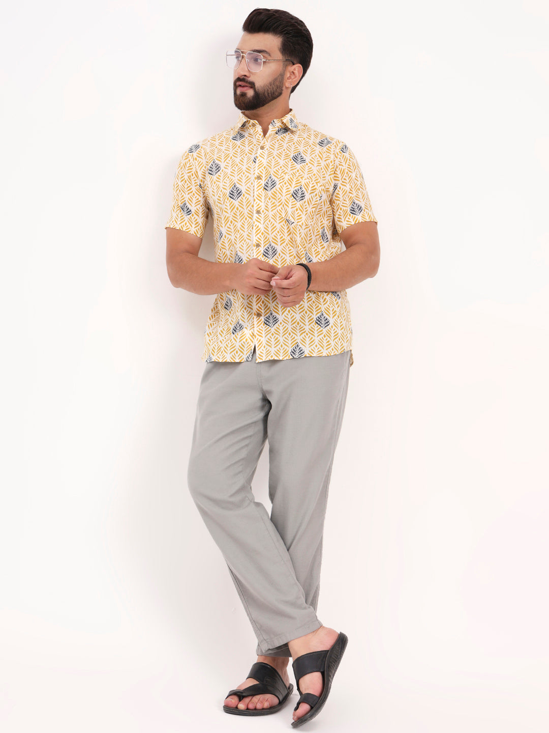 MILLENNIAL MEN Yellow Floral Printed Half Sleeves Shirt