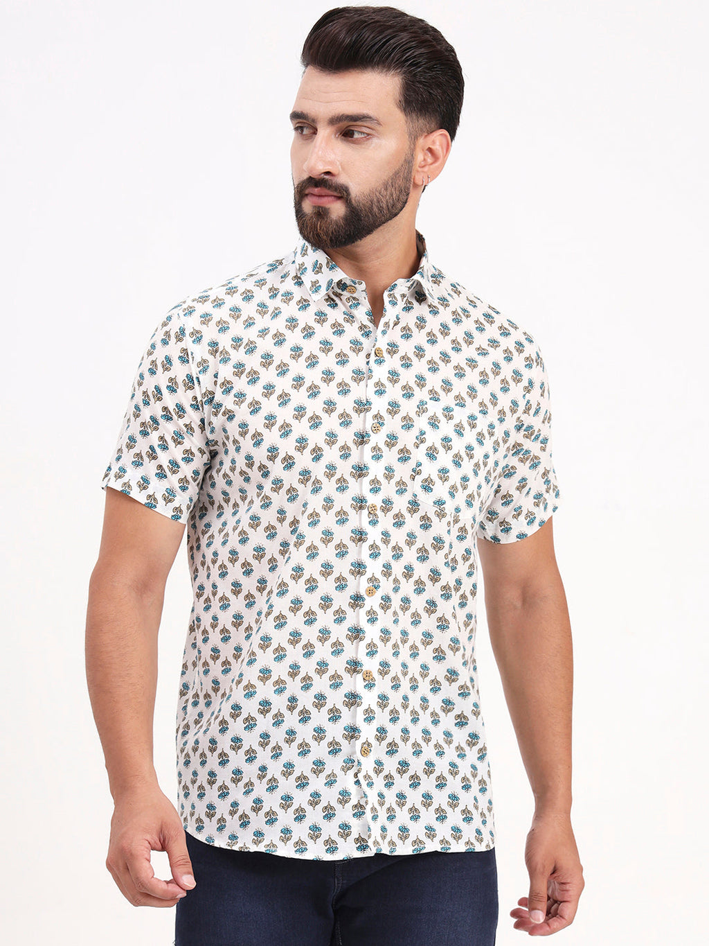 MILLENNIAL MEN White Floral Printed Half Sleeves Shirt