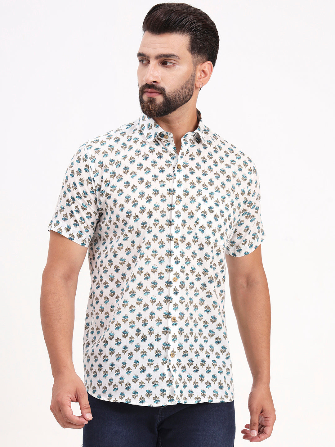 MILLENNIAL MEN White Floral Printed Half Sleeves Shirt