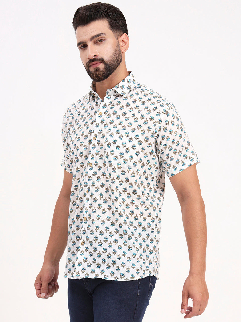 MILLENNIAL MEN White Floral Printed Half Sleeves Shirt
