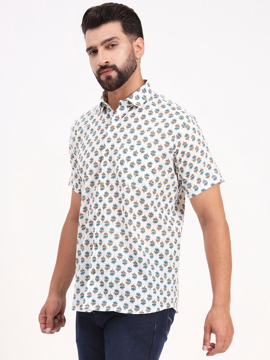 MILLENNIAL MEN White Floral Printed Half Sleeves Shirt