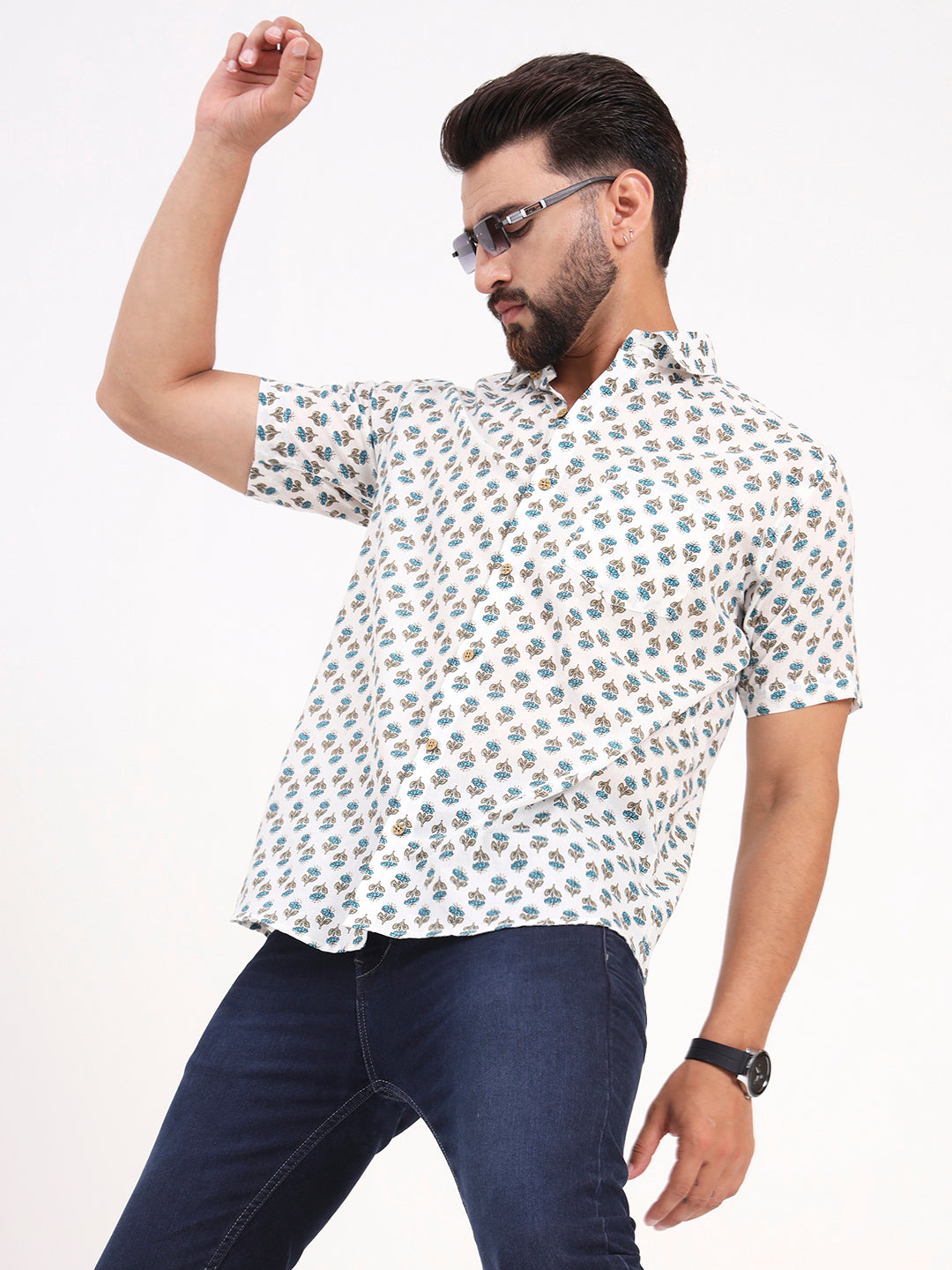 MILLENNIAL MEN White Floral Printed Half Sleeves Shirt