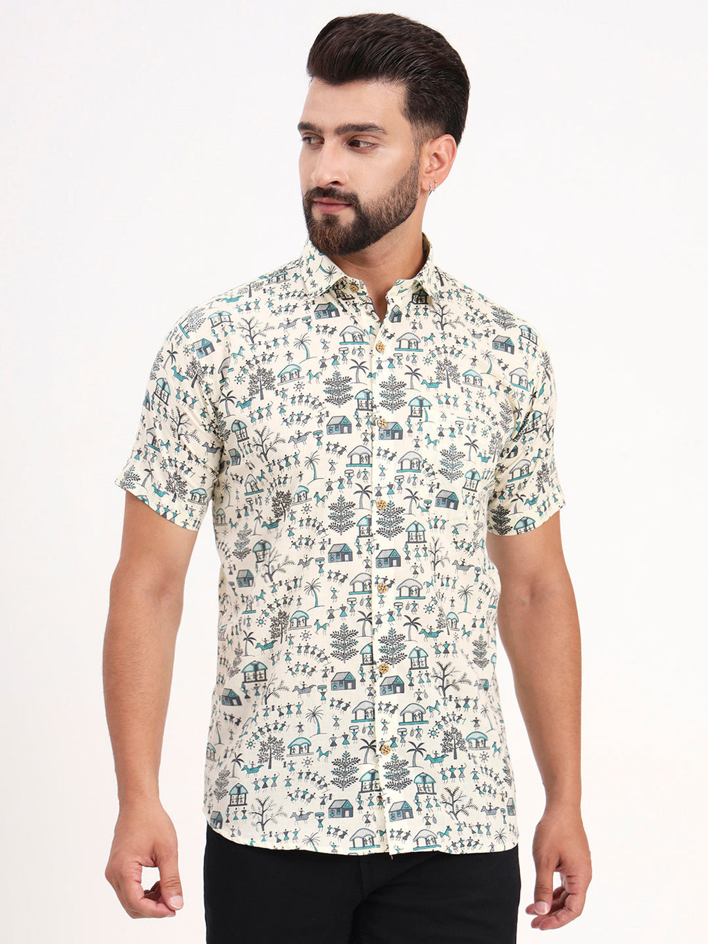 MILLENNIAL MEN Cream Abstract Printed Half Sleeves Shirt