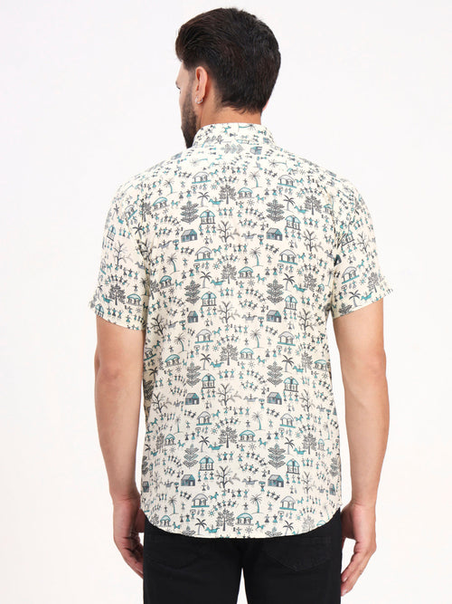 MILLENNIAL MEN Cream Abstract Printed Half Sleeves Shirt