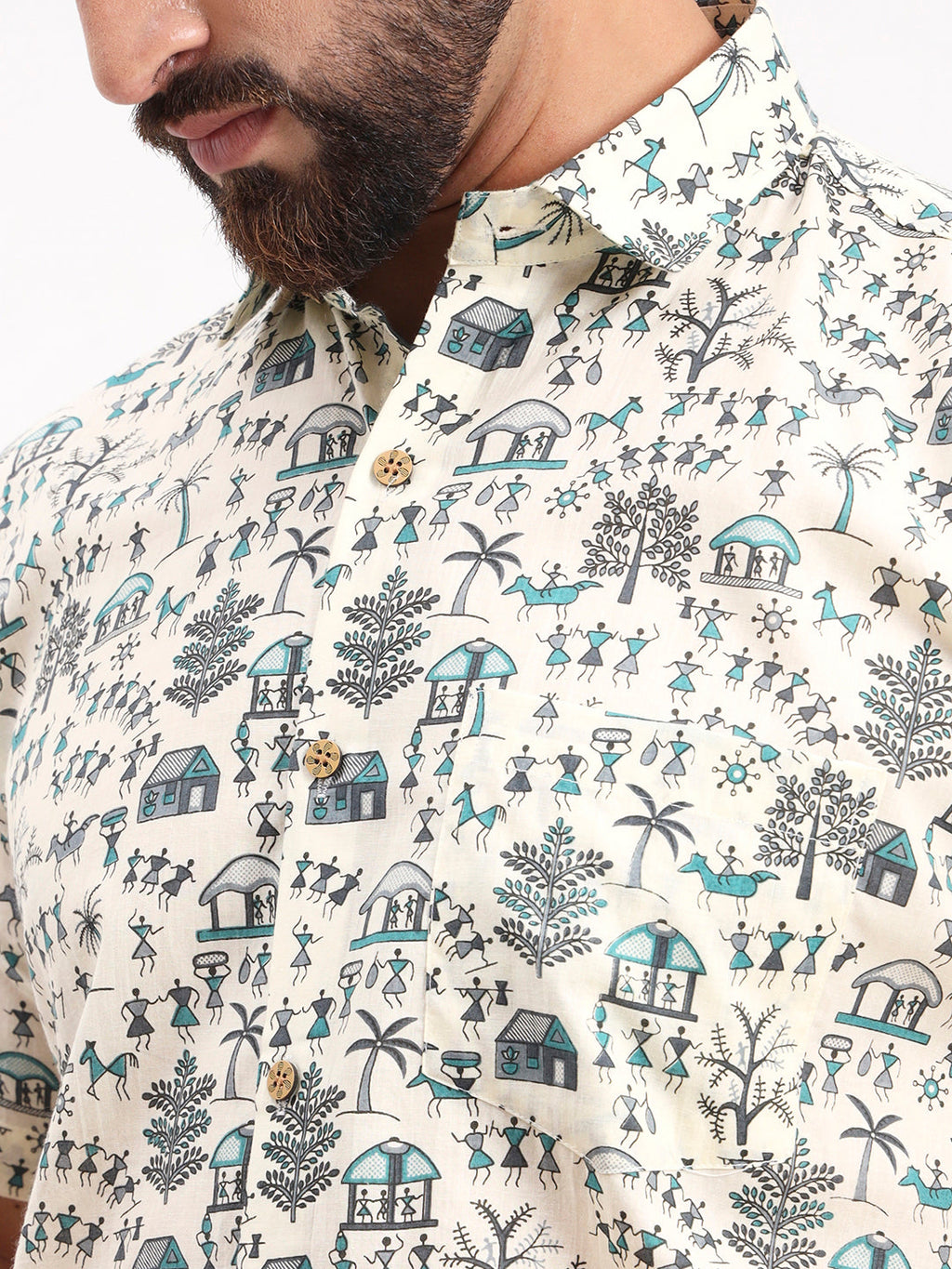 MILLENNIAL MEN Cream Abstract Printed Half Sleeves Shirt