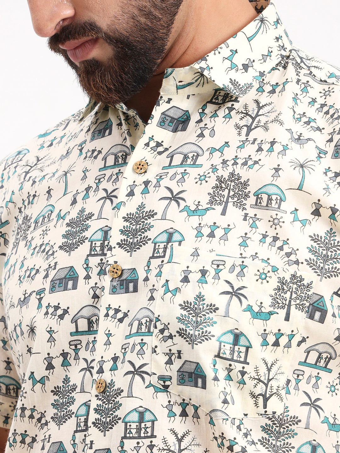 MILLENNIAL MEN Cream Abstract Printed Half Sleeves Shirt