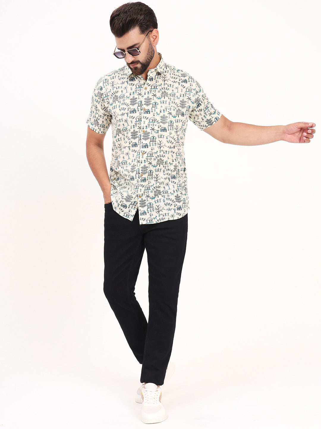 MILLENNIAL MEN Cream Abstract Printed Half Sleeves Shirt