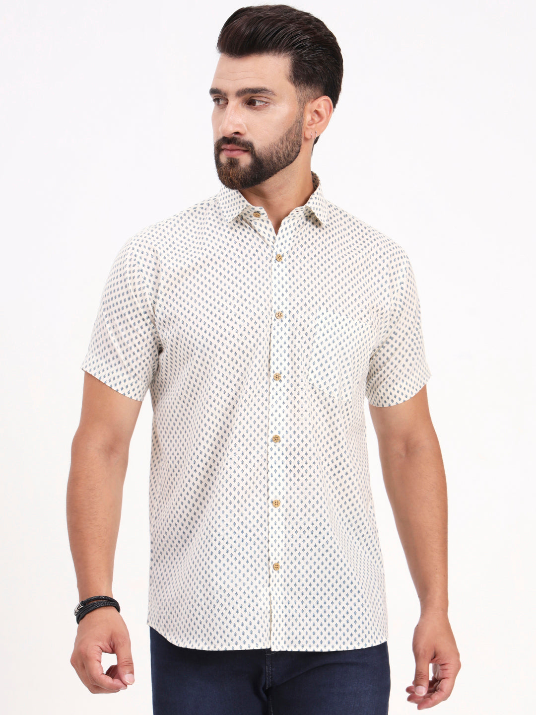 MILLENNIAL MEN Off White Floral Printed Half Sleeves Shirt