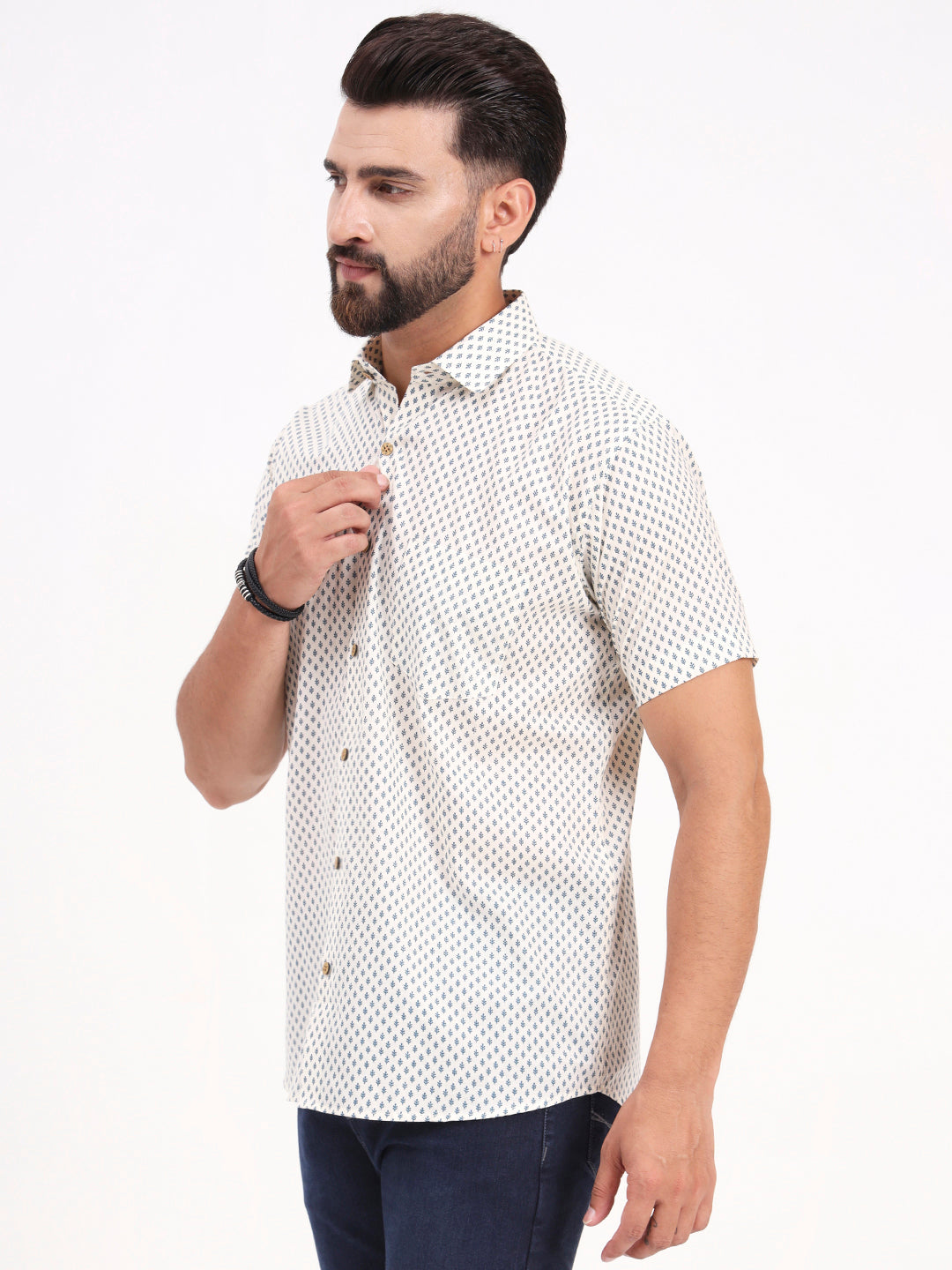 MILLENNIAL MEN Off White Floral Printed Half Sleeves Shirt