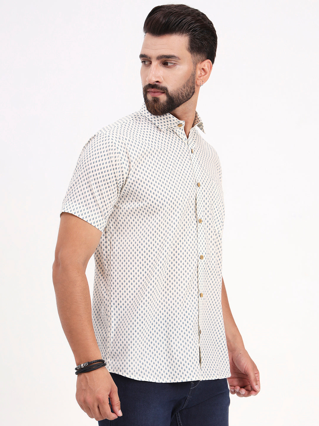 MILLENNIAL MEN Off White Floral Printed Half Sleeves Shirt