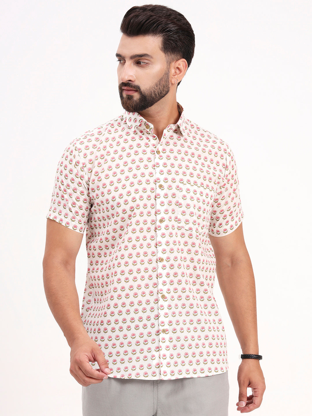 MILLENNIAL MEN White Floral Printed Half Sleeves Shirt