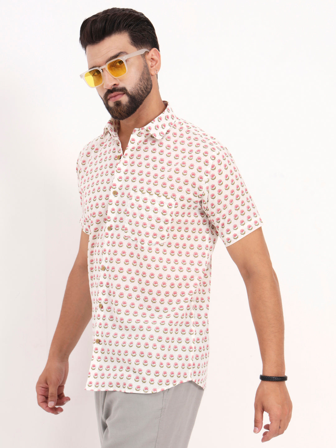 MILLENNIAL MEN White Floral Printed Half Sleeves Shirt
